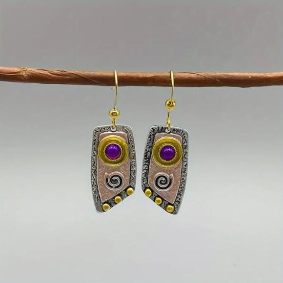 Hand Crafted Jewelry - NEW Artisan Mixed Media Silver/Gold Purple Cabochon Boho Drop Earrings